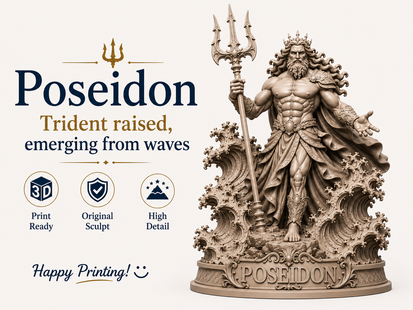 Poseidon – Trident Raised, Emerging from Waves