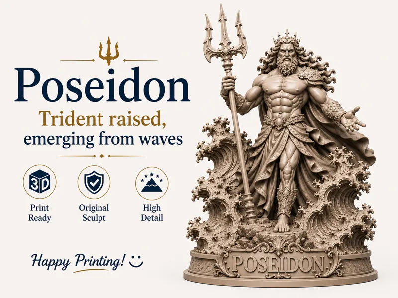 Poseidon – Trident Raised, Emerging from Waves