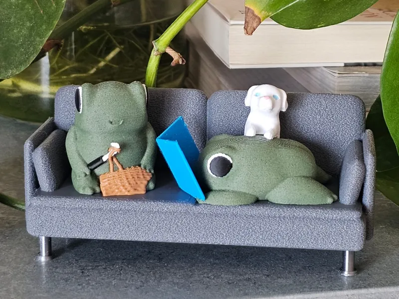 Frogs relaxing on sofa