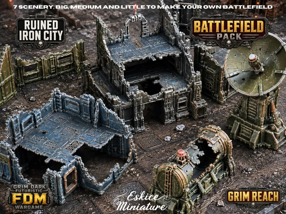 Escenografía en miniatura: Ruined Iron City – Battlefield Pack, 32mmGrimDark. Referencia del modelo original.