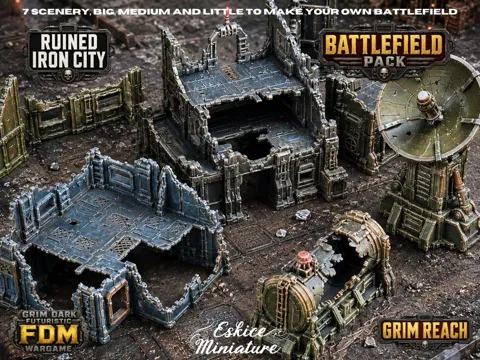 Escenografía en miniatura: Ruined Iron City – Battlefield Pack, 32mmGrimDark — referencia de MakerWorld