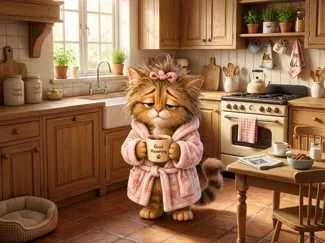 Female Sleepy Cat Drinking Coffee