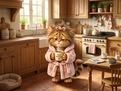 Female Sleepy Cat Drinking Coffee