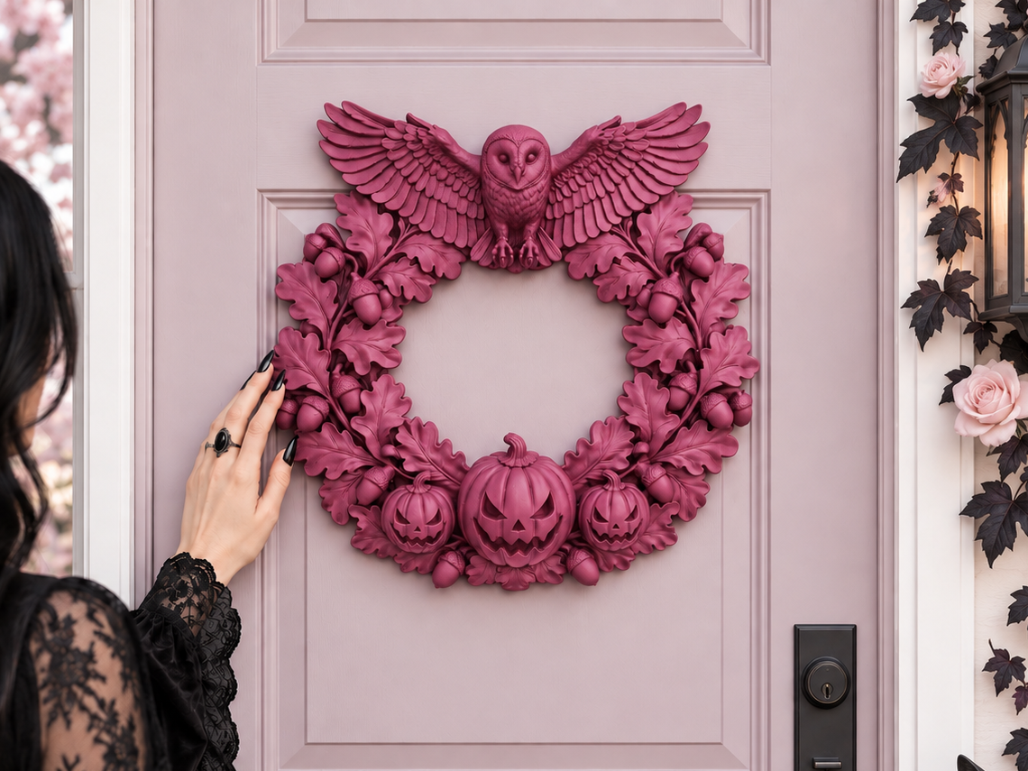 Goth Halloween Samhain Owl Pumpkin Door Wreath - 1