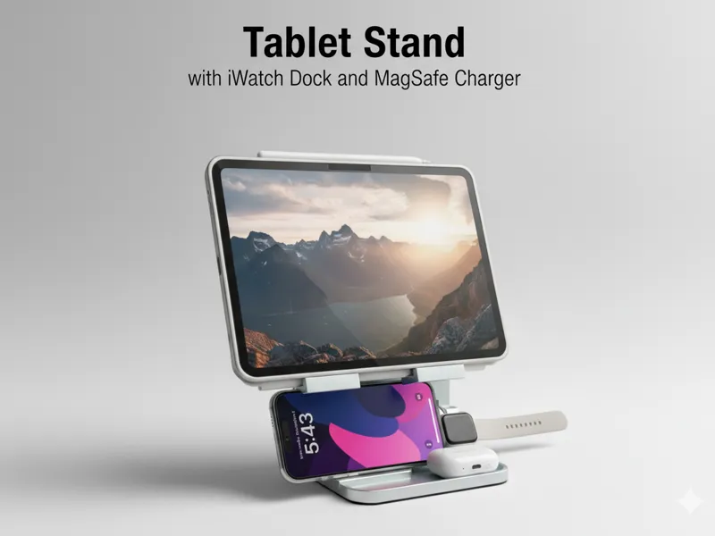 Ipad stand with watch and phone charger