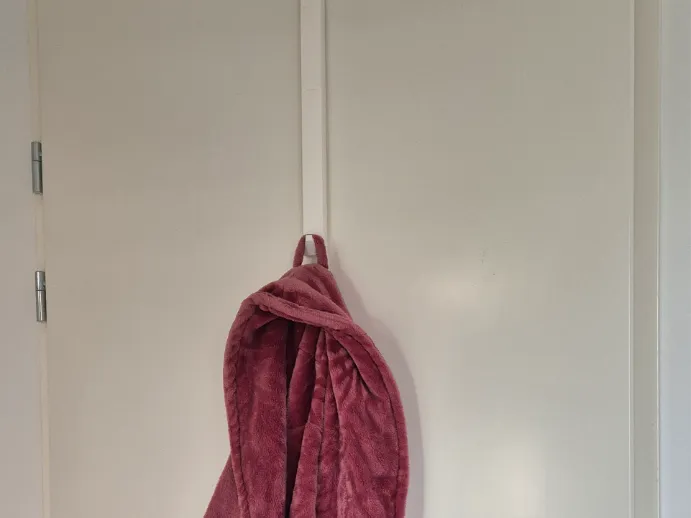 Door hook for hanging coat or robe.