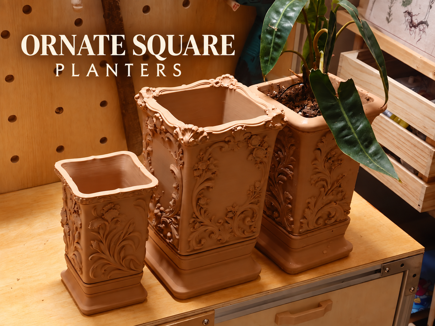 Ornate Square Self-Watering Planters 3D model