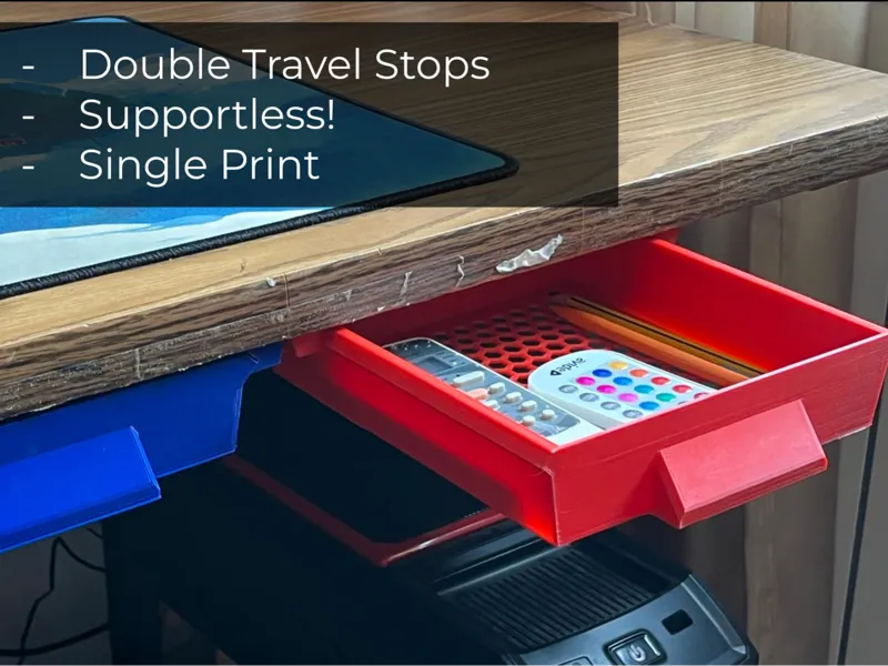 Under Desk Drawer (Connected Rails + Travel Stops)