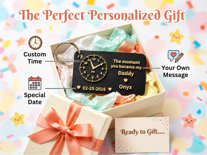 Custom Clock Keychain - Time, Date & Message
