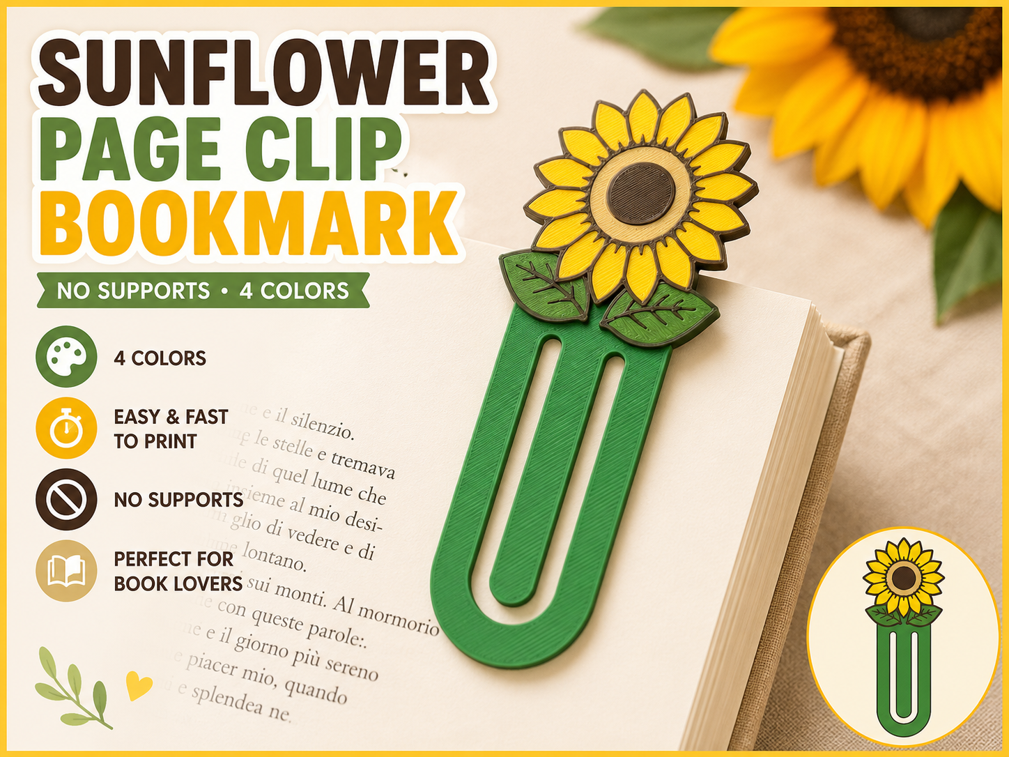 Easy Print Sunflower Page Clip Bookmark