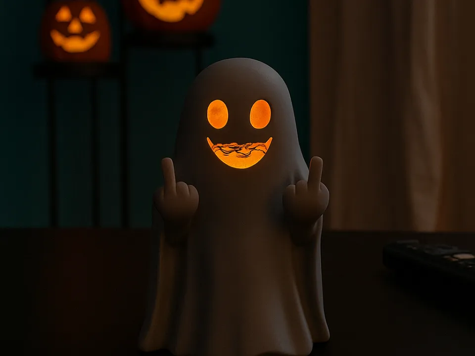 Smiling Ghost with Middle Finger Tea Light by HeinzSeinz MakerWorld: Download Free 3D Models - 3D model önizlemesi