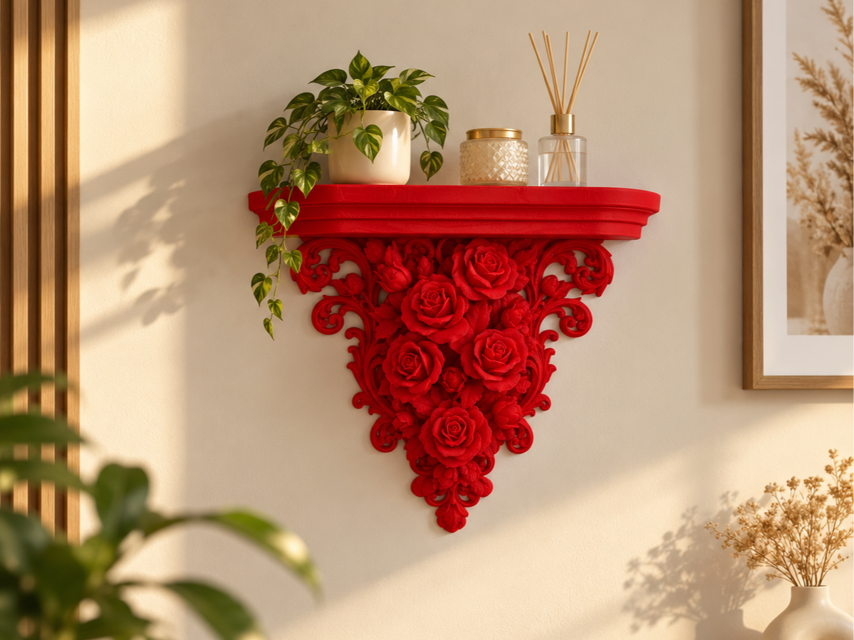 Red Rose Wall Shelf – Floral Baroque Decoration - 1