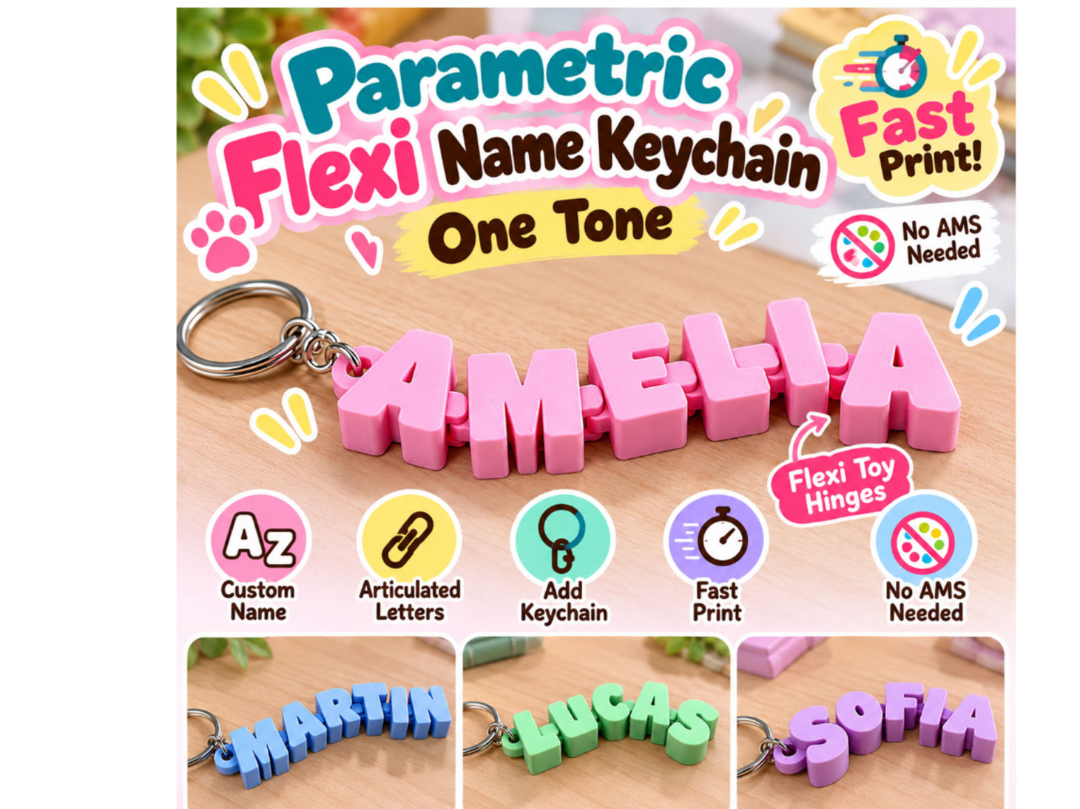 Parametric Flexi Name Keychain No AMS Quick Print - 1