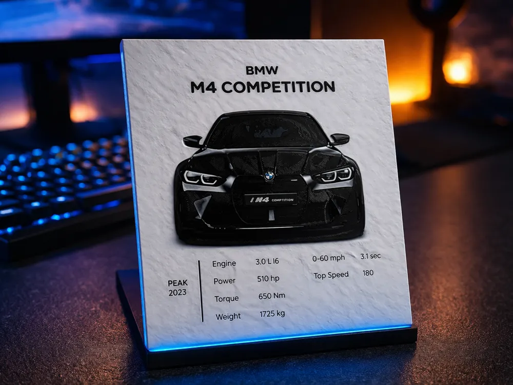 BMW M4 Poster Data Sheet Hueforge - Free 3D Print Model - MakerWorld