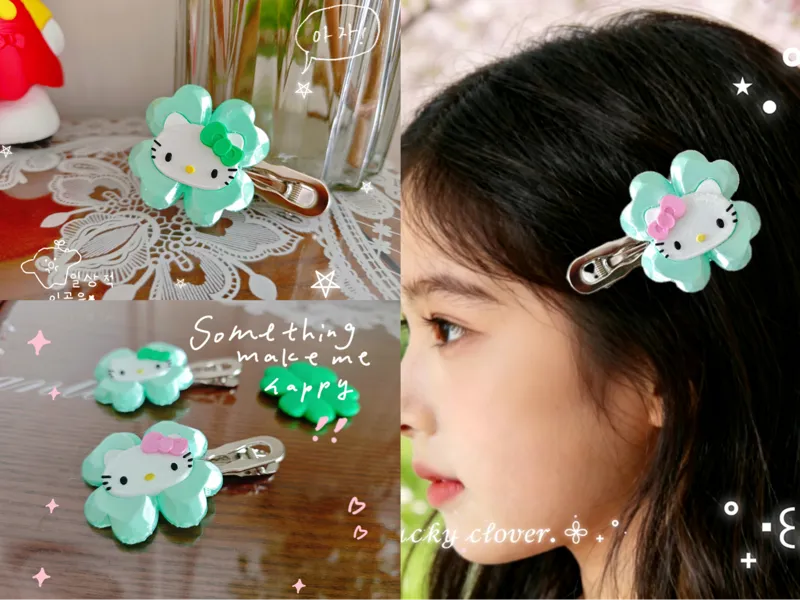 春日 Hello Kitty四叶草KT发卡 幸运草kitty 凯蒂猫发卡 可爱发卡 可爱饰品