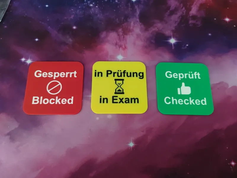 Gesperrt, in Prüfung und Geprüft Schilder