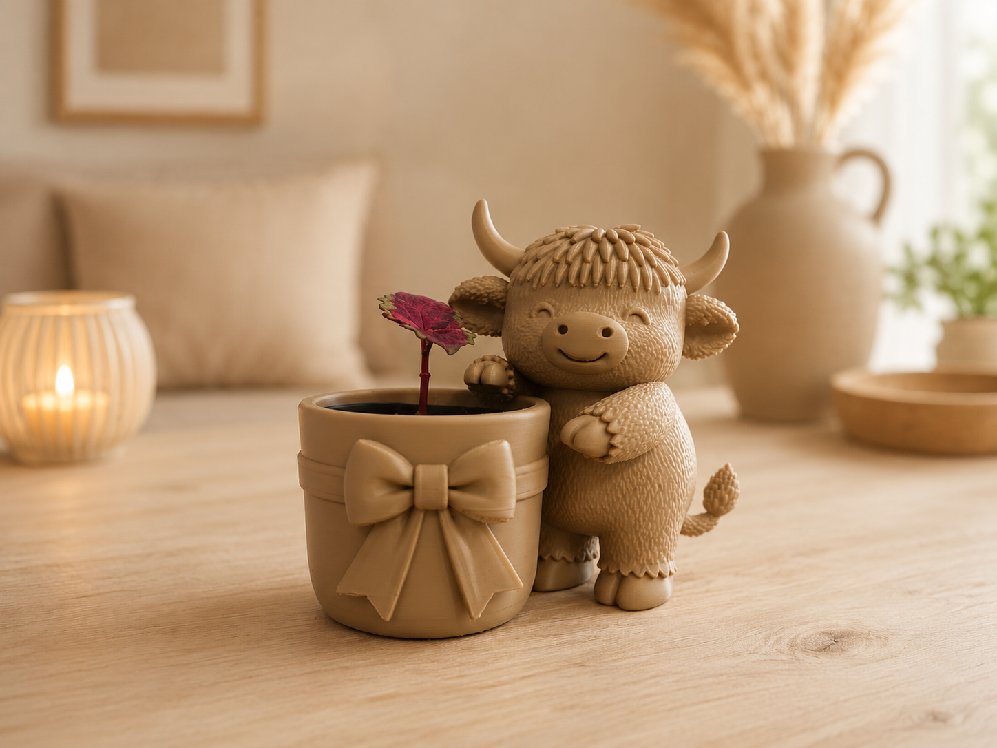 Highland Cow Planter With Bow 
