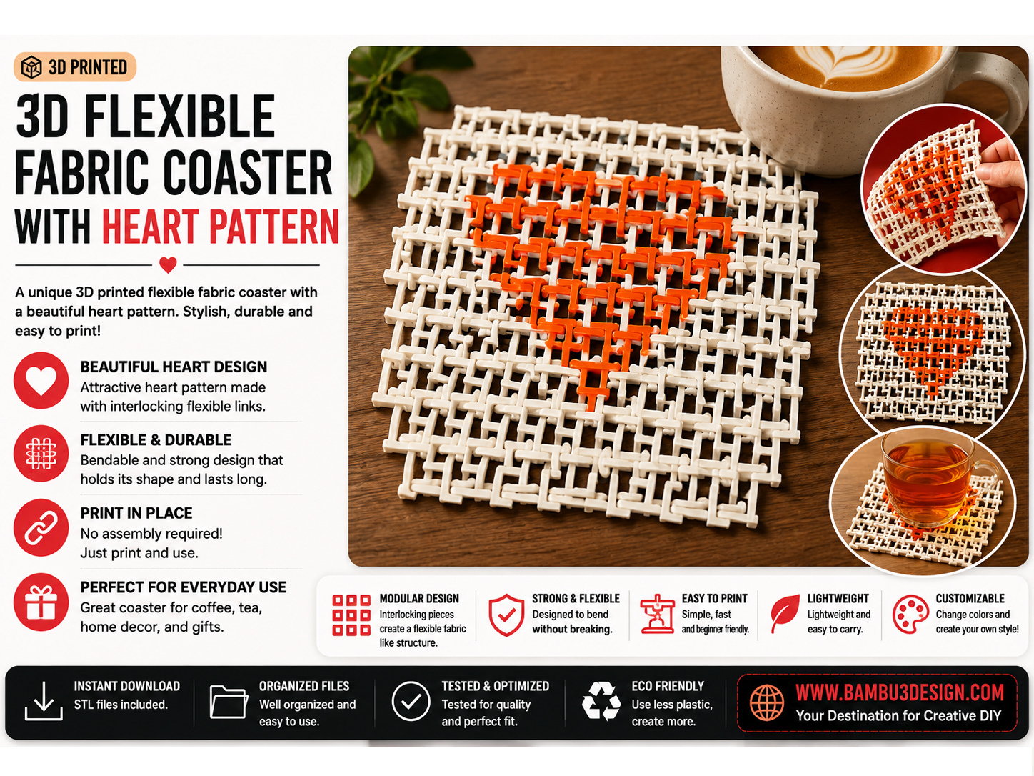 3D Flexible Fabric Coaster with Heart Pattern