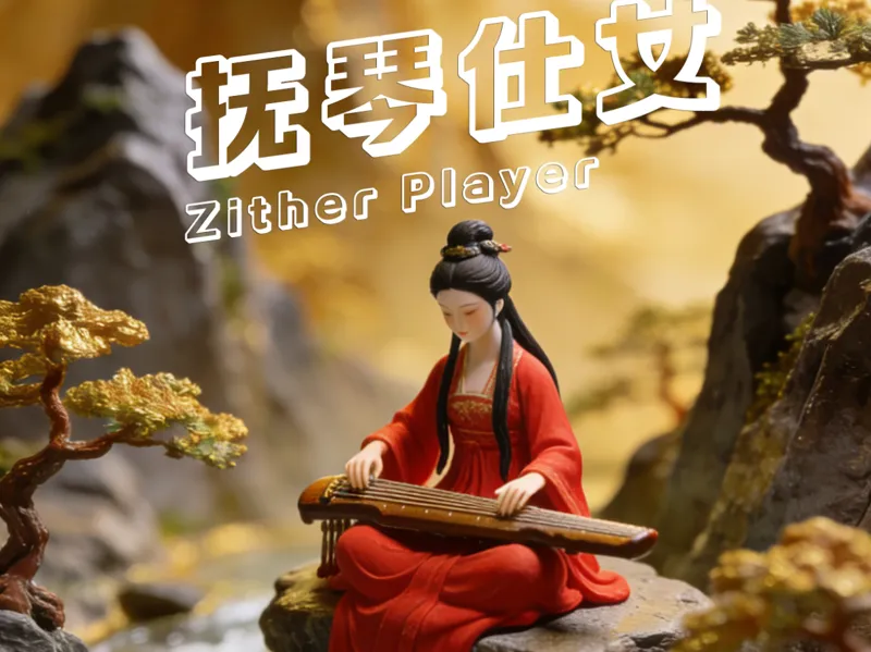 抚琴仕女微缩模型｜中式山水场景核心摆件