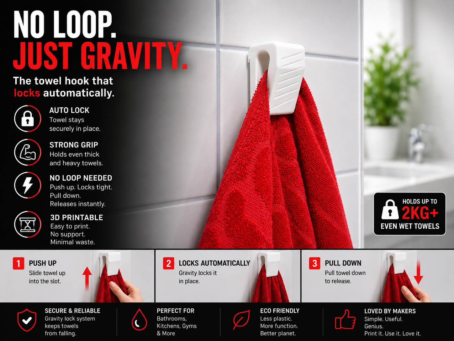 GravityGrip | No-Loop Auto-Locking Towel Hook