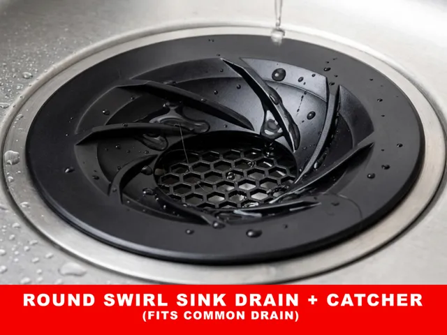 Round swirl sink drain with catcher
