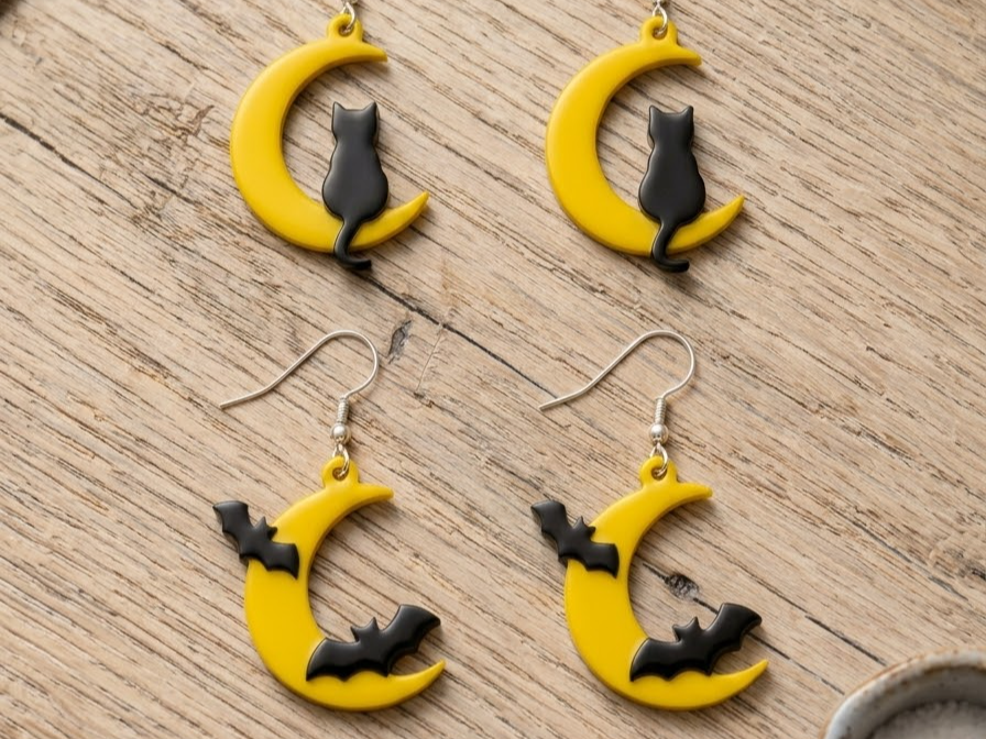 Moon With Cat or Bats Halloween Earrings - 1