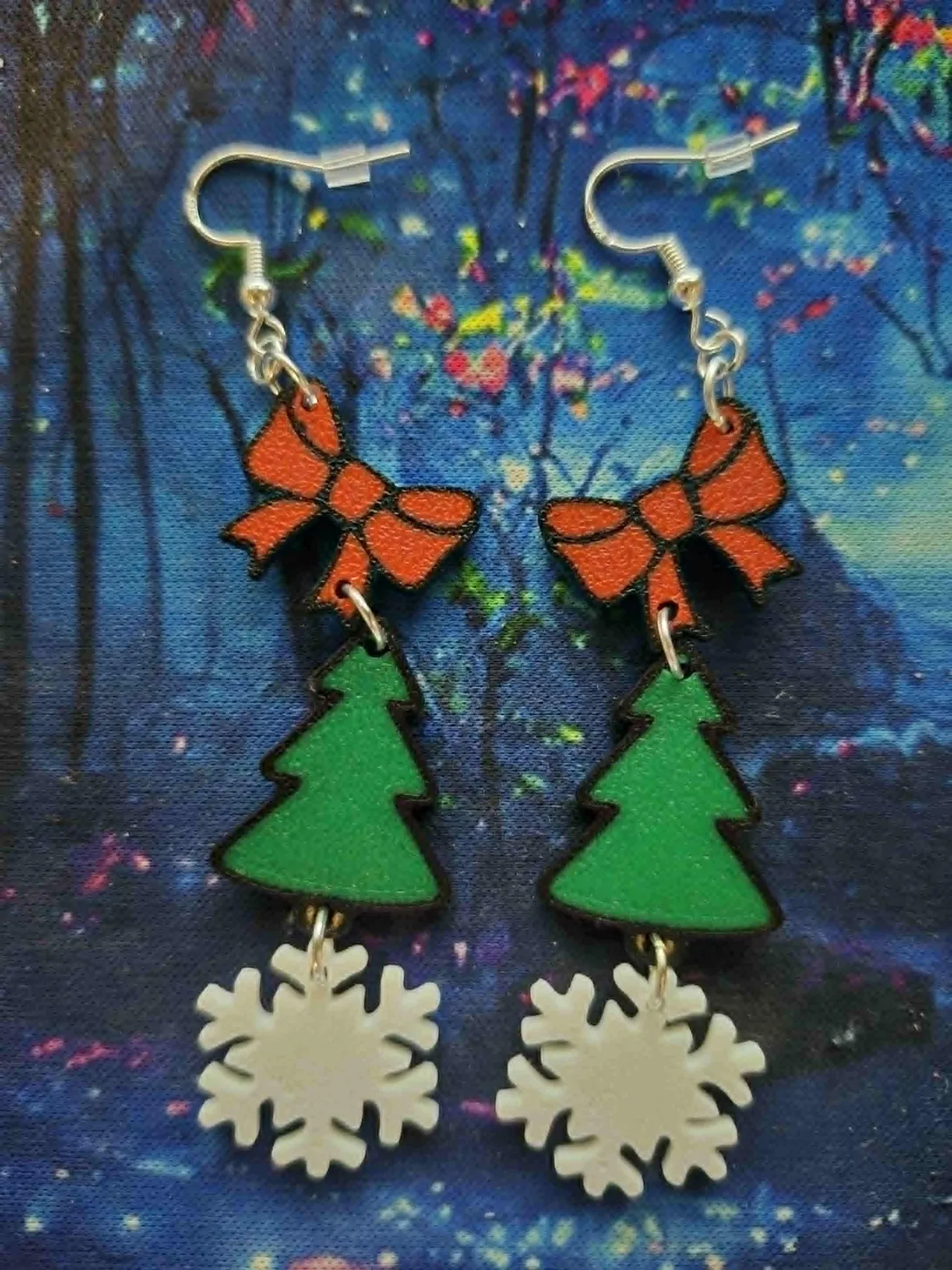 Christmas bow tree and snowflake dangle earrings view 2