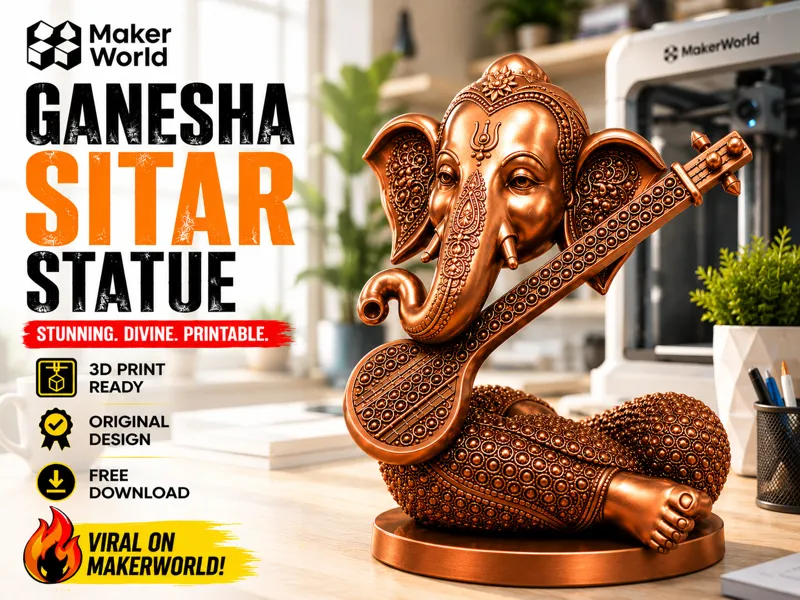 Divine Ganesha Veena Art - 3D Print