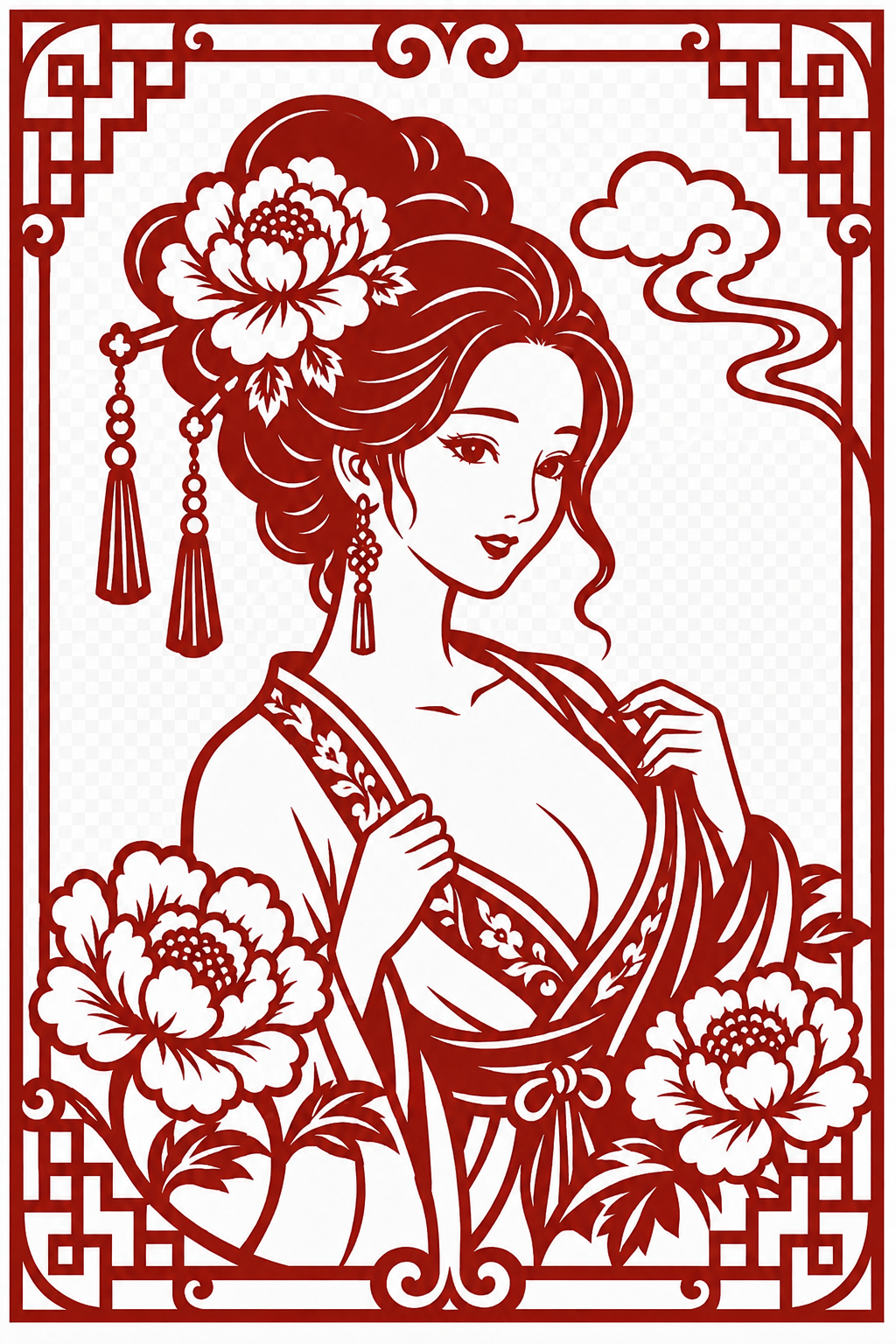 Miniatura 4 do modelo 3D 仕女牡丹剪纸窗花