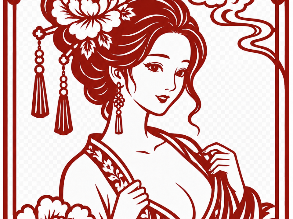 仕女牡丹剪纸窗花