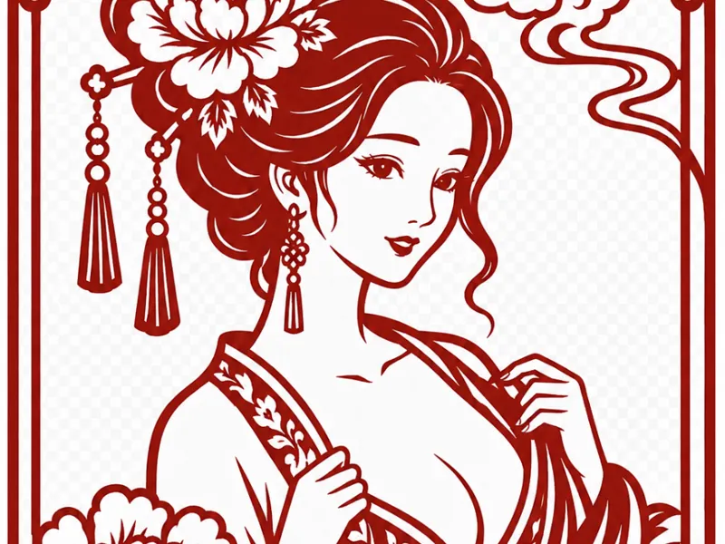 仕女牡丹剪纸窗花