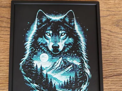 Wolf Night Scene with Mountains Hueforge with Frame