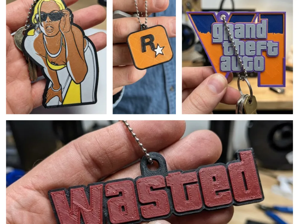 Llavero: GTA VI Pack – 4 Clickers + 4 Abrelatas Llaveros 3D. Referencia del modelo original.
