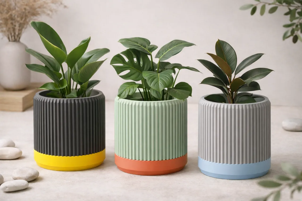 Modern Japandi Ribbed Plant Pot with drainage view 2
