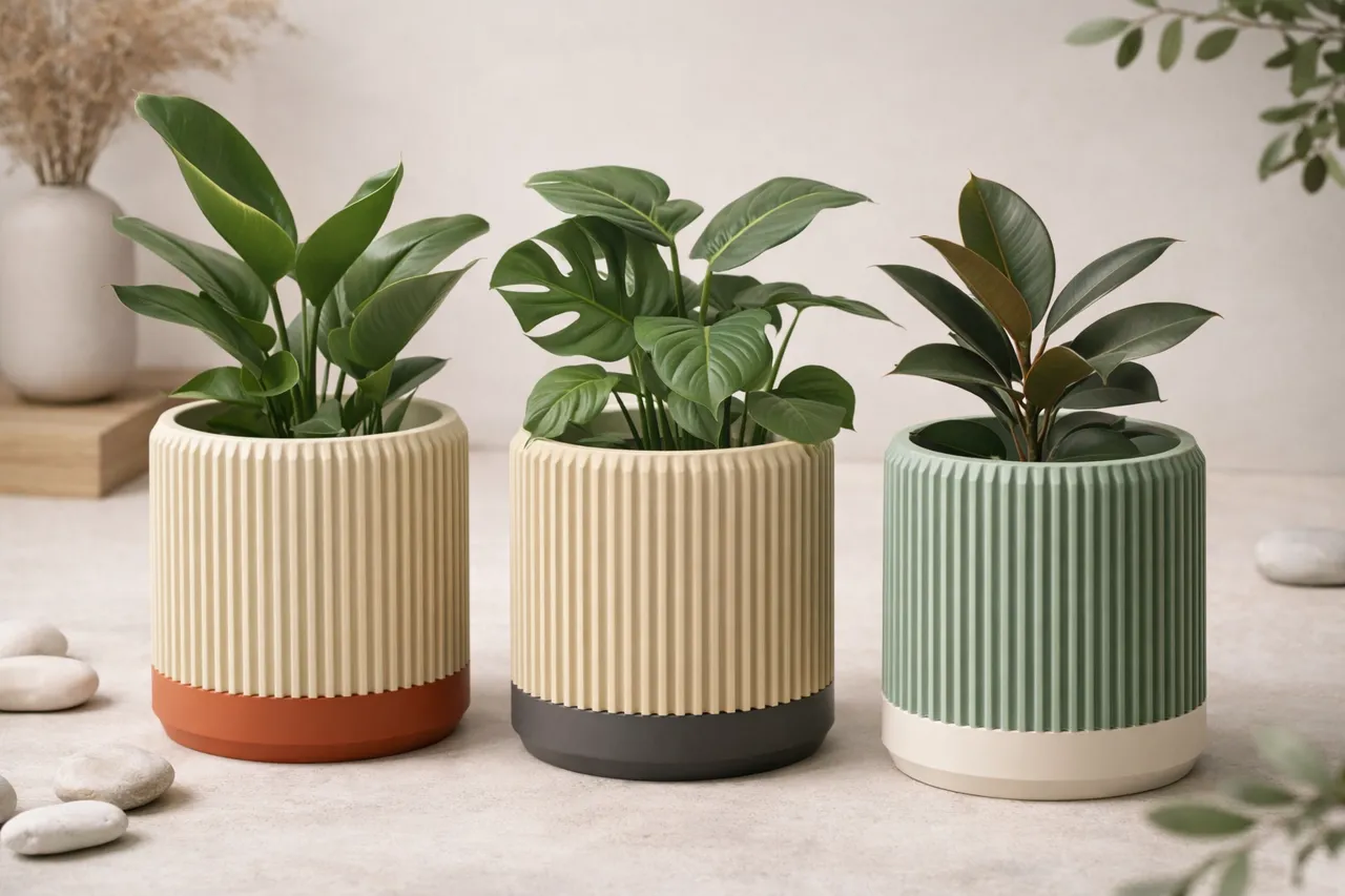 Modern Japandi Ribbed Plant Pot with drainage view 4