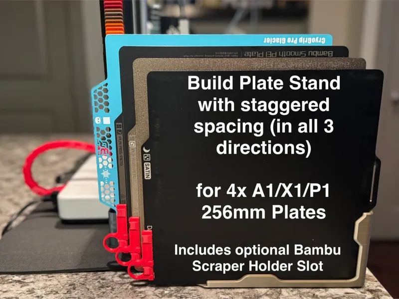 Stand for 4x A1/X1/P1 Build Plates & Bambu Scraper
