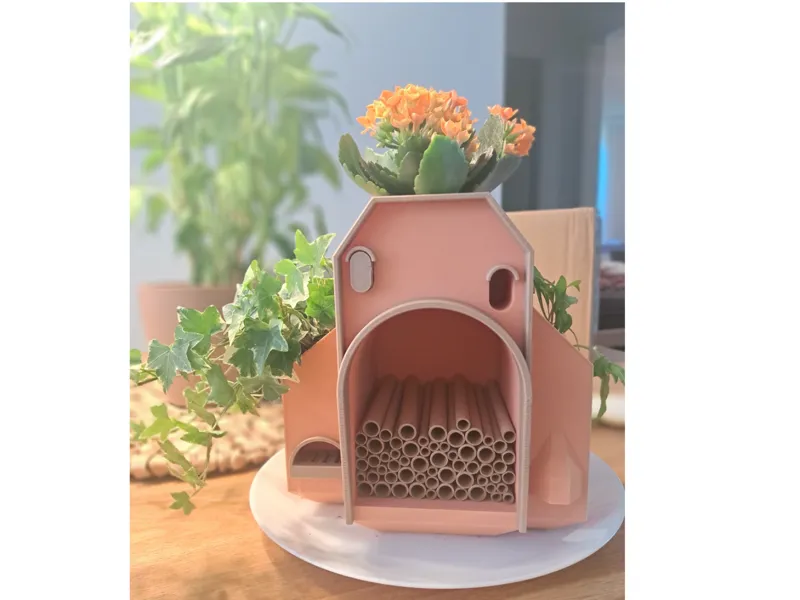Insektenhotel mit Wasserstelle und Begrünung