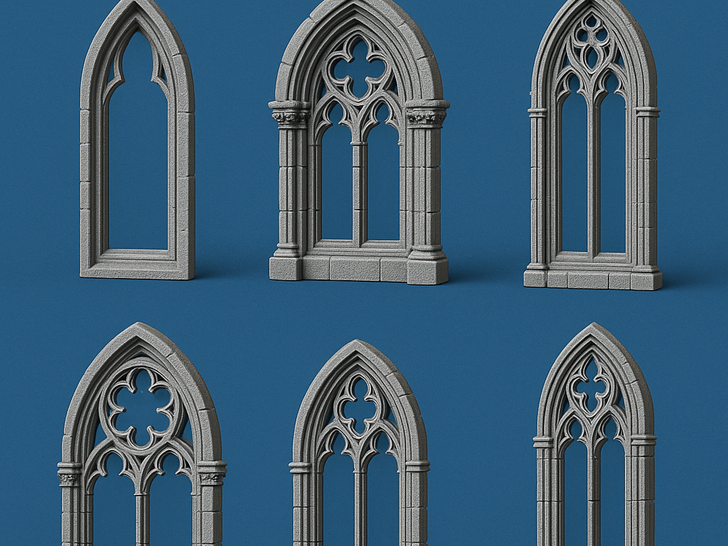 Gothic Cathedral Window Set –6 Ornate Stone Frames
