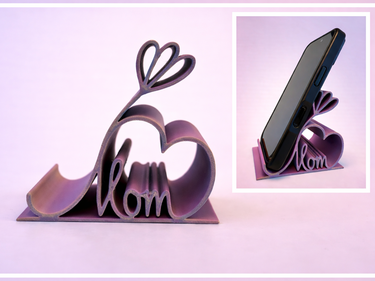Phone Stand – Mom text, Heart & Flower Silhouette 