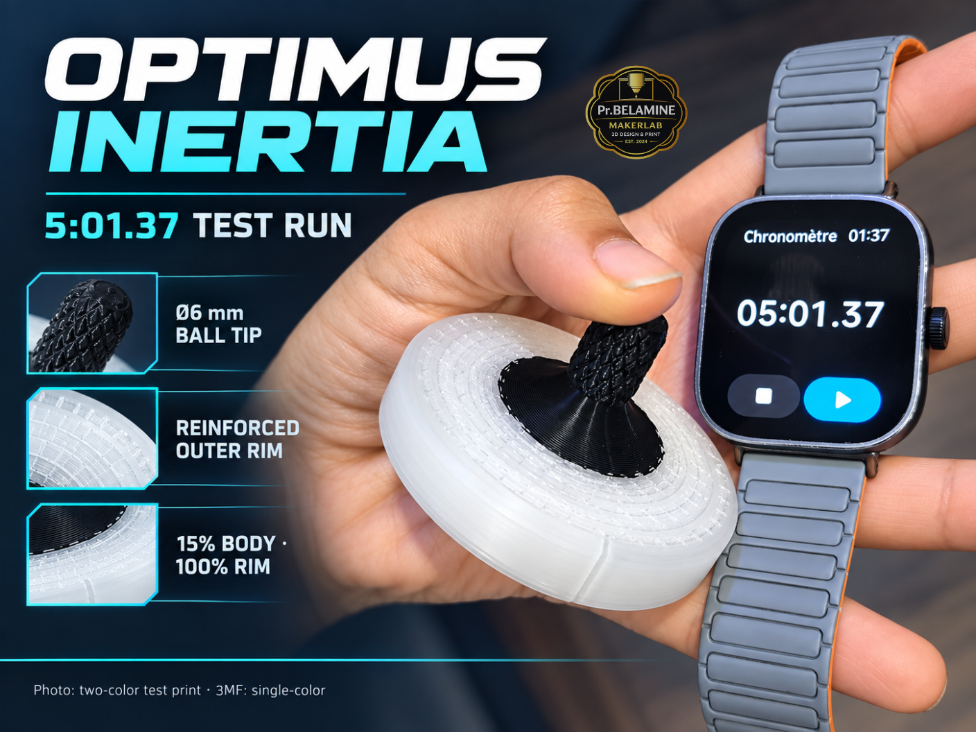 Optimus Inertia — Hand-Spin Top with a 6 mm Ball 3D model