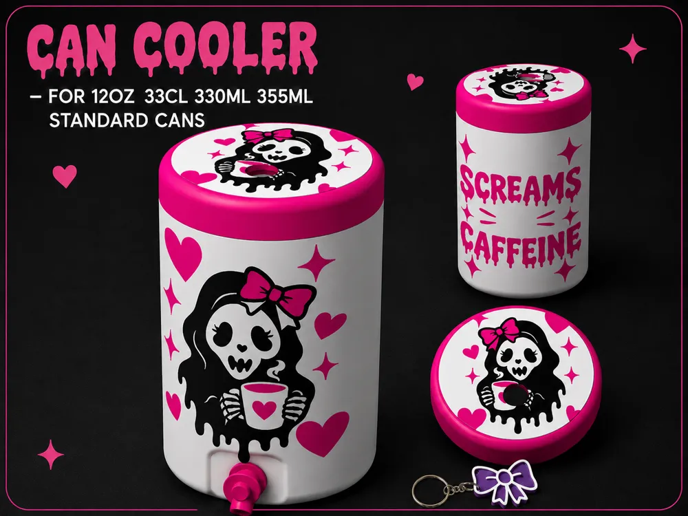 Letrero o emblema decorativo: Horror Girlie Can Cooler – 12oz / 330ml / 355ml. Referencia del modelo original.