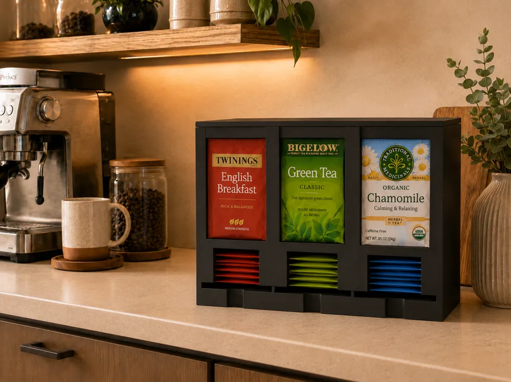 Organizador: Modern 3-Compartment Tea Bag Dispenser & Organizer. Referencia del modelo original.