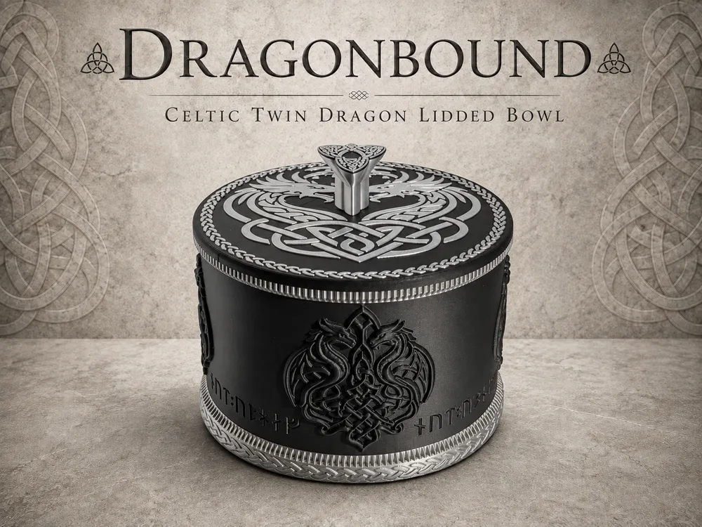 Adorno temático: Dragonbound – Celtic Twin Dragon Lidded Bowl. Referencia del modelo original.