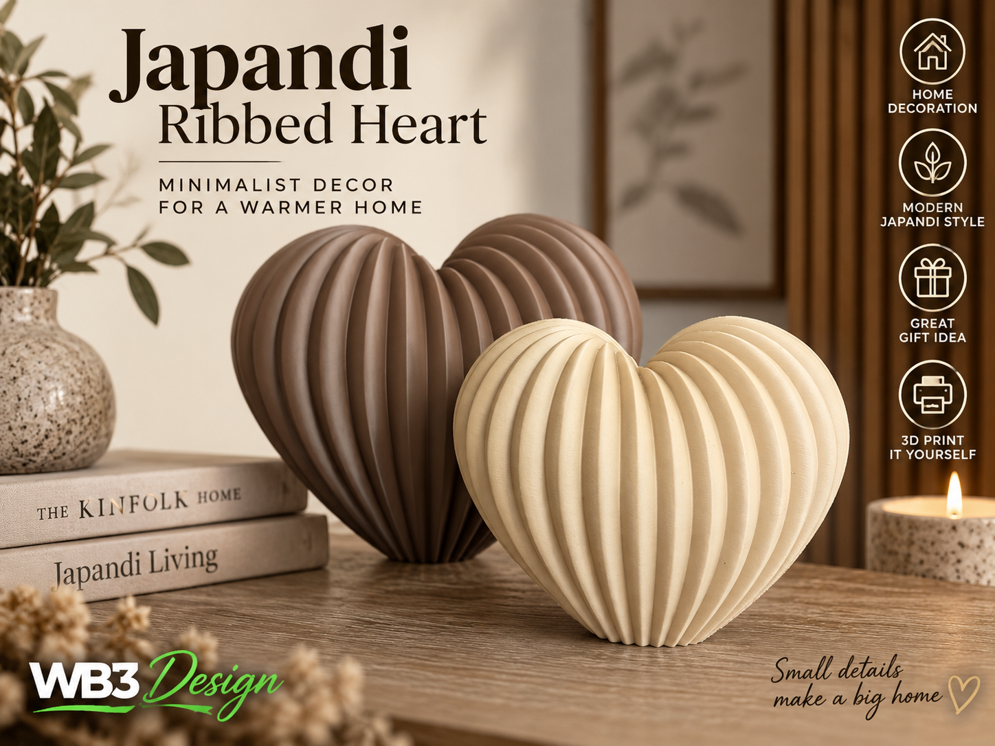 Japandi Ribbed Heart - 1