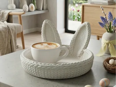 Knitted tray with bunny ears