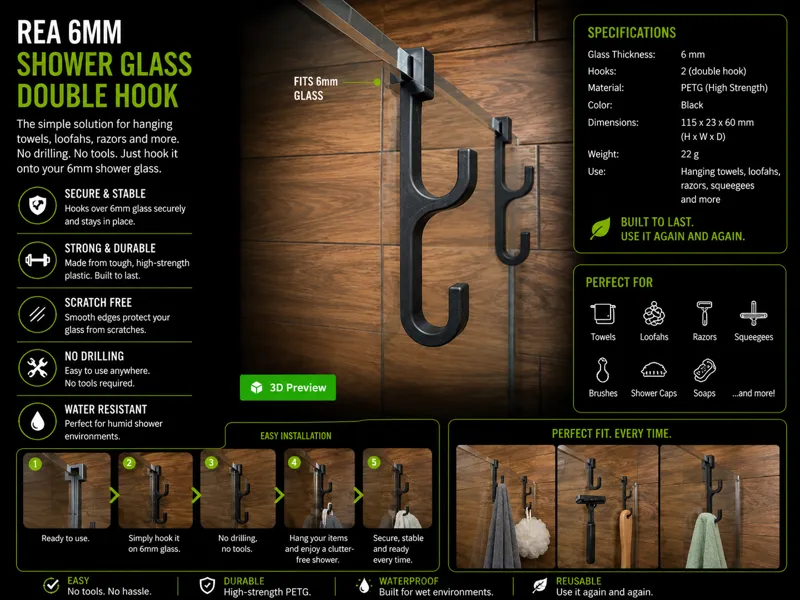 Rea 6mm Shower Glass Double Hook