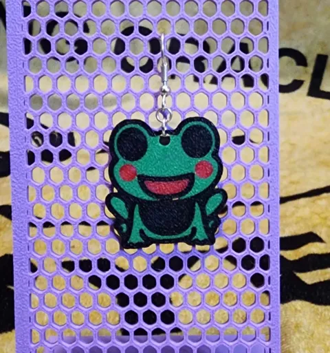 Cartoon frog earrings view 2