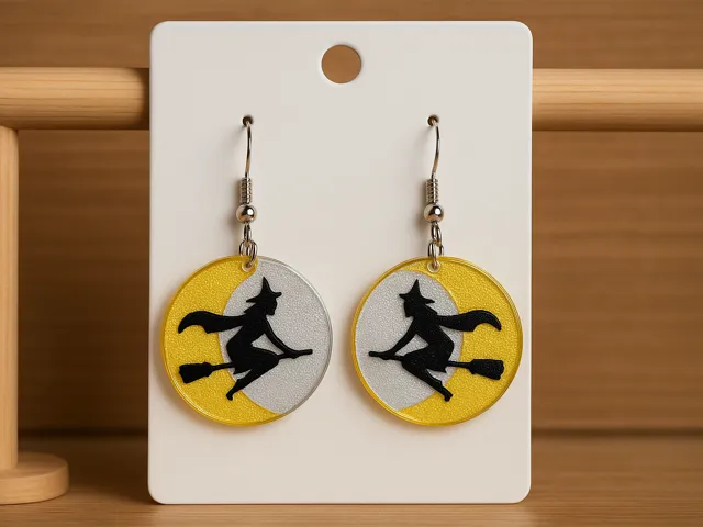 Broomstick Witch Moon Flyby Earrings for Halloween