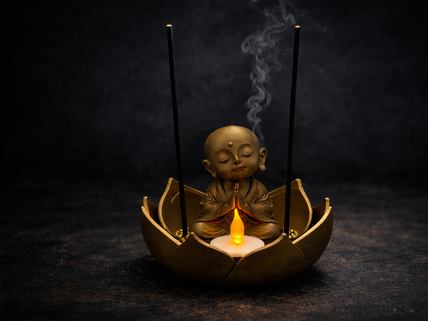 Zen Lotus Buddha Incense Holder with LED Tealight 