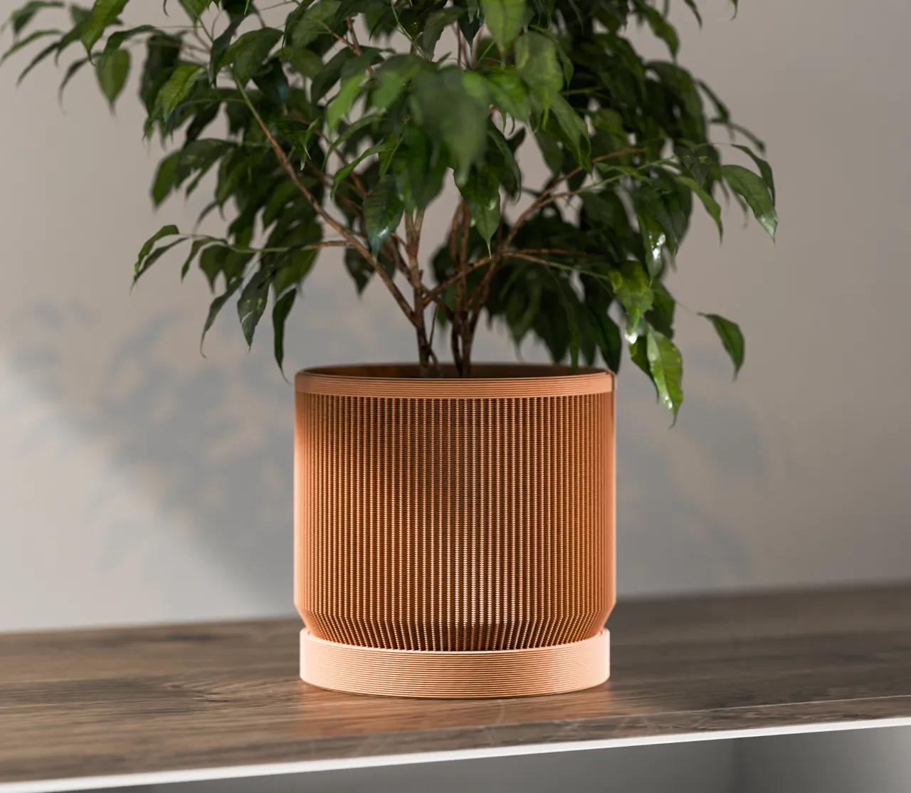 Mid Century Modern Ribbed Planter with Drip Tray view 2